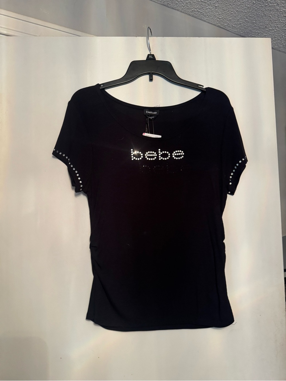 bebe Black Short Sleeve Tee with Rhinestone Logo